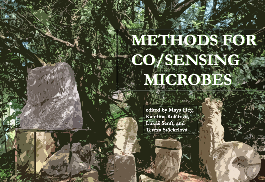 The cover for the methods catalog, "Methods for Co/Sensing Microbes" contains a four rock sculptures in front of a tall leafy tree.